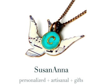 Initial Song Bird Necklace Music Gift