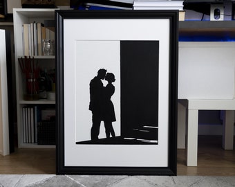 Original Signed Minimalistic Framed Oil Painting, Love Kiss Noir Art, Relationship Picture, Lovers, Modern Canvas Home Decor, Family Hug Art