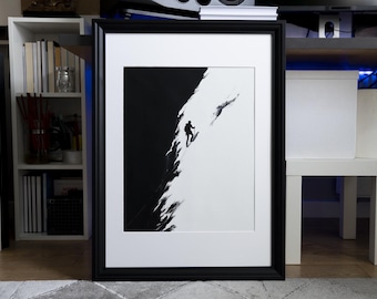 Original Minimalistic Framed Oil painting, Mountain Climber, Wall Art Noir Simple Picture, Modern Canvas Home Decor, black white, Himalayas