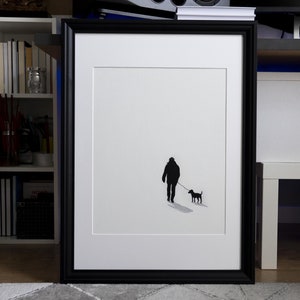 Original Minimalistic Framed Oil Painting, Dog Walk Wall Art, Love peacefull picture, Modern simple Canvas, Black White, Save Animals, Calm image 1