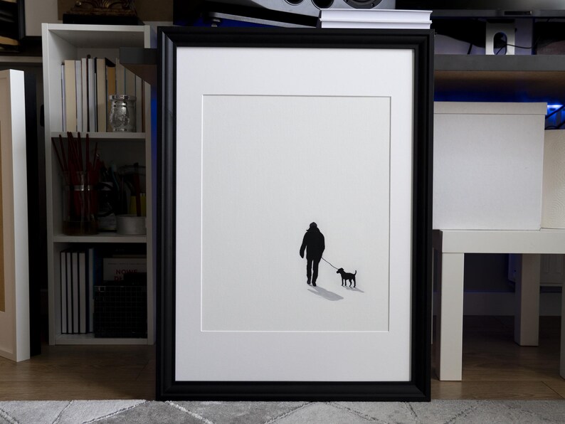 Original Minimalistic Framed Oil Painting, Dog Walk Wall Art, Love peacefull picture, Modern simple Canvas, Black White, Save Animals, Calm image 1