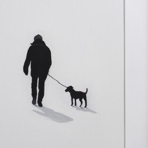 Original Minimalistic Framed Oil Painting, Dog Walk Wall Art, Love peacefull picture, Modern simple Canvas, Black White, Save Animals, Calm image 2