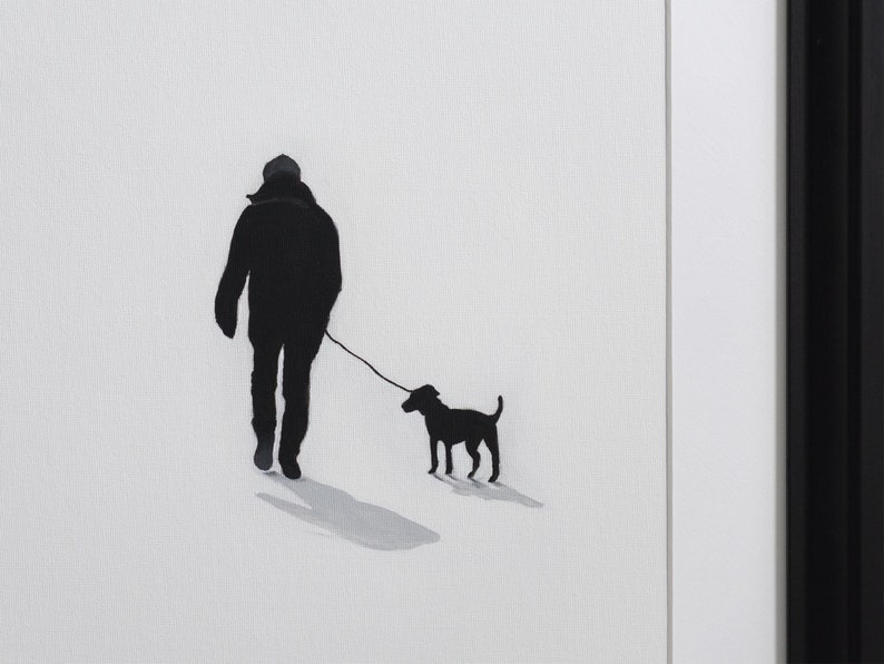 Original Minimalistic Framed Oil Painting, Dog Walk Wall Art, Love peacefull picture, Modern simple Canvas, Black White, Save Animals, Calm image 2