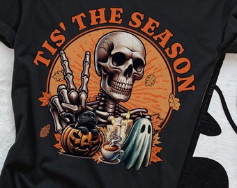 スケルトン秋Tシャツの季節到来：ハロウィンゴースト、カボチャ、黒猫