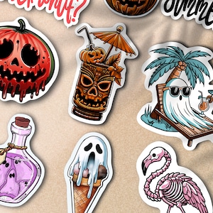 Summerween horror stickers set van 11 Kiss Cut ALLEEN DOWNLOAD Boo Basket Gift Hot Ghoul Summer Beach Halloween Stickers Craft Printableo