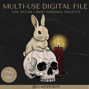 May include: Digital illustration of a white rabbit on a human skull, with a lit red candle. The image includes the text "MULTI-USE DIGITAL FILE" and "ONE DESIGN | MANY PERSONAL PROJECTS". The background is dark.