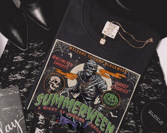 Summerween Mummy Slasher Summer Camp Spooky Vibes Only Shirt Comfort Colors Boo Basket Gift Idea 80s Retro Horror Movie Vibe Folk Horror