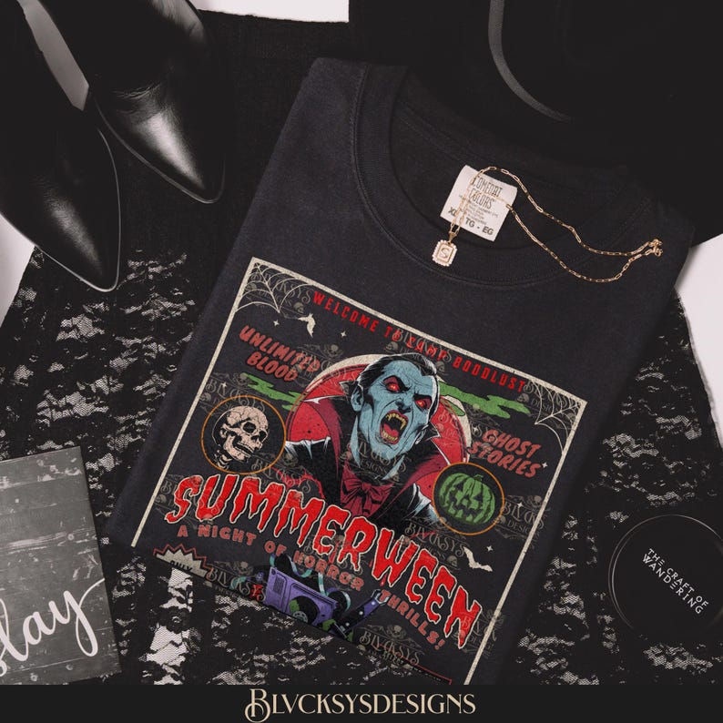 Summerween Dracula Shirt 80’s Horror Movie Poster Slasher Summer Camp Comfort Colors Vampires Shirt Boo Basket Summer Halloween image 1