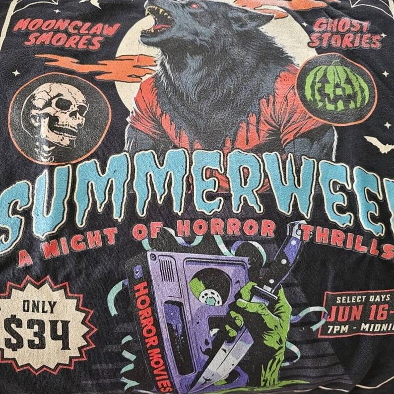 Summerween Werewolf 80s horror movie shirt! Friday the 13th summer camp vibes, werewolf, supernatural, VHS tape, spooky haunted design, zombie, Halloween slasher tee, retro horror lover apparel.