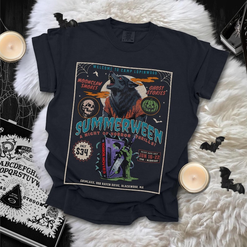 Summerween Werewolf 80s horror movie shirt! Friday the 13th summer camp vibes, werewolf, supernatural, VHS tape, spooky haunted design, zombie, Halloween slasher tee, retro horror lover apparel.