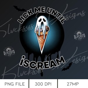 Könnte beinhalten: Ein geisterförmiger Eisbecher mit tropfendem Eis und dem Text "Lick Me Until I Scream" in einem schwarzen Kreis auf blauem Hintergrund.