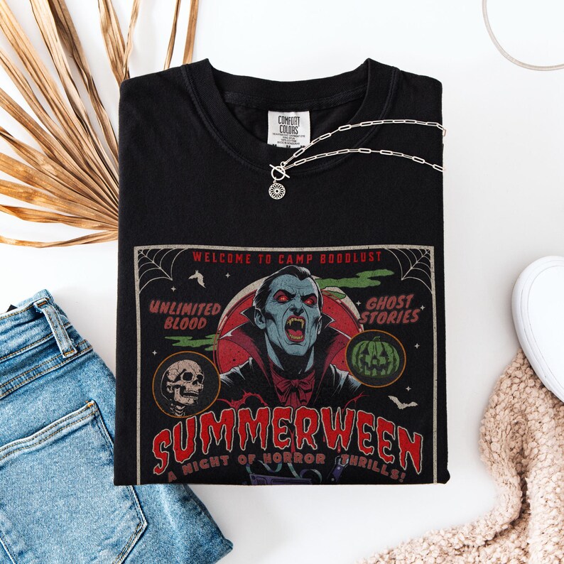 Summerween Comfort Colors shirt! 80s horror slasher vibes, vampires shirt, Dracula Vampire, Friday the 13th camp inspired, spooky summer tee, retro Halloween shirt, Slasher Summer aesthetic.