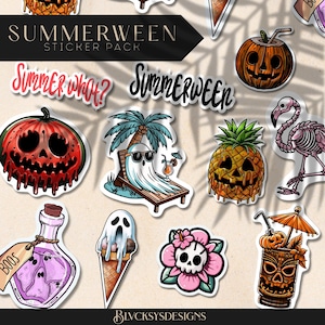Conjunto de 11 pegatinas multiusos para fiesta de verano: diseños PNG de descarga digital: cesta de Halloween imprimible y espeluznante. Manualidad DIY.