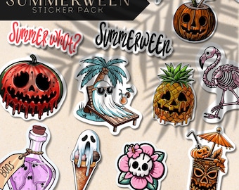Summerween Party Multi-use Sticker Set of 11 PNG Digital Download Designs: Spooky Printable Boo Basket DIY Craft Halloween In The Summer