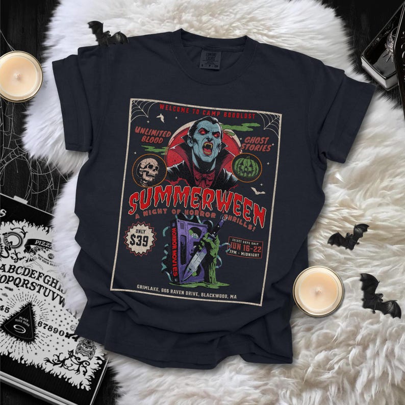 Summerween Comfort Colors shirt! 80s horror slasher vibes, vampires shirt, Dracula Vampire, Friday the 13th camp inspired, spooky summer tee, retro Halloween shirt, Slasher Summer aesthetic.