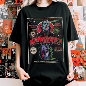Summerween Comfort Colors shirt! 80s horror slasher vibes, vampires shirt, Dracula Vampire, Friday the 13th camp inspired, spooky summer tee, retro Halloween shirt, Slasher Summer aesthetic.
