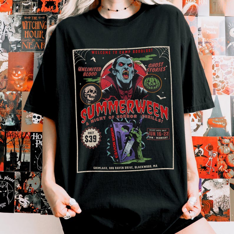 Summerween Comfort Colors shirt! 80s horror slasher vibes, vampires shirt, Dracula Vampire, Friday the 13th camp inspired, spooky summer tee, retro Halloween shirt, Slasher Summer aesthetic.