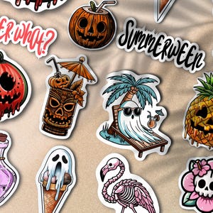 Summerween digital stickers set! Spooky beach vibes—ghost on the beach, melting Ghostface ice scream, tiki Halloween mug, skeleton flamingo, skull flower, spooky coconut.