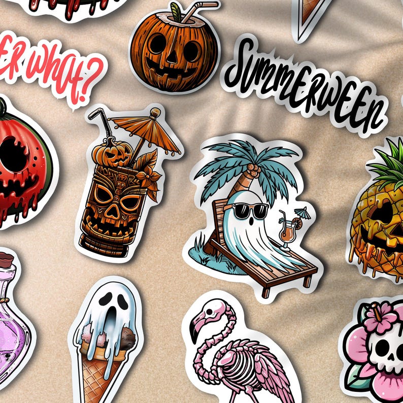 Summerween digital stickers set! Spooky beach vibes—ghost on the beach, melting Ghostface ice scream, tiki Halloween mug, skeleton flamingo, skull flower, spooky coconut.