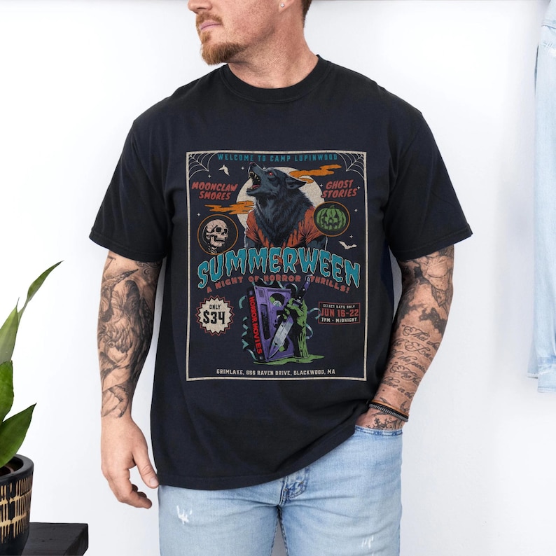 Summerween Werewolf 80s horror movie shirt! Friday the 13th summer camp vibes, werewolf, supernatural, VHS tape, spooky haunted design, zombie, Halloween slasher tee, retro horror lover apparel.