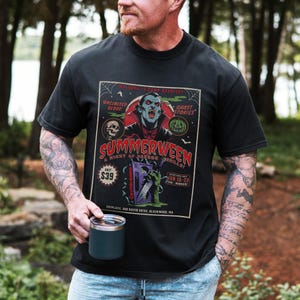 Summerween Comfort Colors shirt! 80s horror slasher vibes, vampires shirt, Dracula Vampire, Friday the 13th camp inspired, spooky summer tee, retro Halloween shirt, Slasher Summer aesthetic.