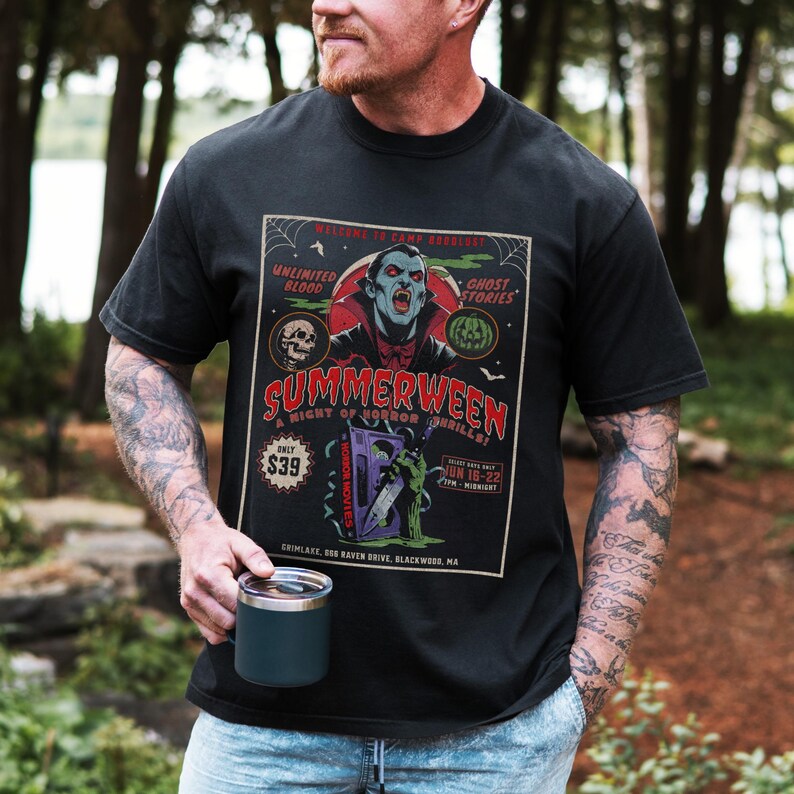 Summerween Comfort Colors shirt! 80s horror slasher vibes, vampires shirt, Dracula Vampire, Friday the 13th camp inspired, spooky summer tee, retro Halloween shirt, Slasher Summer aesthetic.