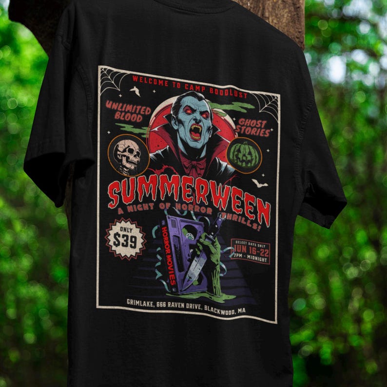 Summerween Comfort Colors shirt! 80s horror slasher vibes, vampires shirt, Dracula Vampire, Friday the 13th camp inspired, spooky summer tee, retro Halloween shirt, Slasher Summer aesthetic.