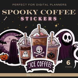 Gruseliger Kaffee Digitale Aufkleber für Herbst Halloween Sensenmann Geist Eiskaffee PNG Set für Goodnotes, Planer & printable Stickers