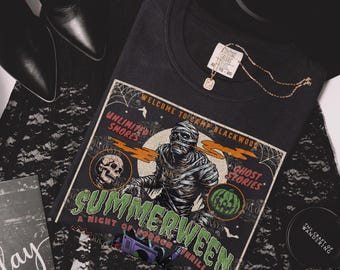 Summerween Mummy Slasher Summer Camp Spooky Vibes Only Shirt Comfort Colors Boo Basket Gift Idea 80s Retro Horror Movie Vibe Folk Horror
