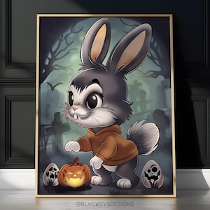 Può includere: Un coniglio di cartone animato grigio che indossa una felpa arancione tiene una zucca intagliata in un'ambientazione boschiva spettrale. Il coniglio ha occhi grandi e un'espressione amichevole. Due zucche intagliate con facce spettrali sono ai lati del coniglio.