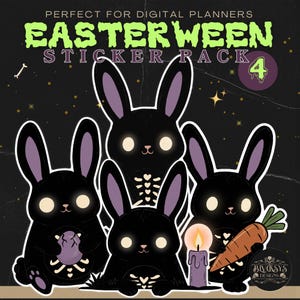 Può includere: Un pacchetto di adesivi digitali con illustrazioni di conigli neri con orecchie viola e occhi luminosi. I conigli tengono in mano un uovo viola, una carota e una candela. Il testo "EASTERWEEN STICKER PACK" è in verde e viola.