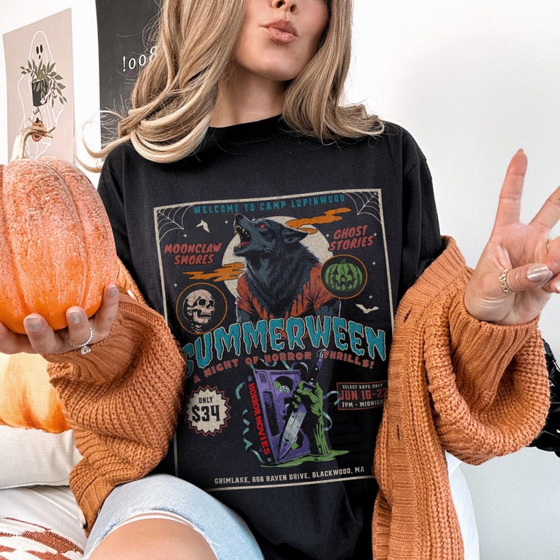 Summerween Werewolf 80s horror movie shirt! Friday the 13th summer camp vibes, werewolf, supernatural, VHS tape, spooky haunted design, zombie, Halloween slasher tee, retro horror lover apparel.