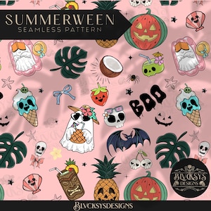 May include: A pink seamless pattern with summer and Halloween themed illustrations. Features jack-o'-lanterns, pineapples, ice cream cones, ghosts, skulls, and the word "BOO". The text "SUMMERWEEN" is at the top.
