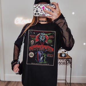 Summerween Comfort Colors shirt! 80s horror slasher vibes, vampires shirt, Dracula Vampire, Friday the 13th camp inspired, spooky summer tee, retro Halloween shirt, Slasher Summer aesthetic.
