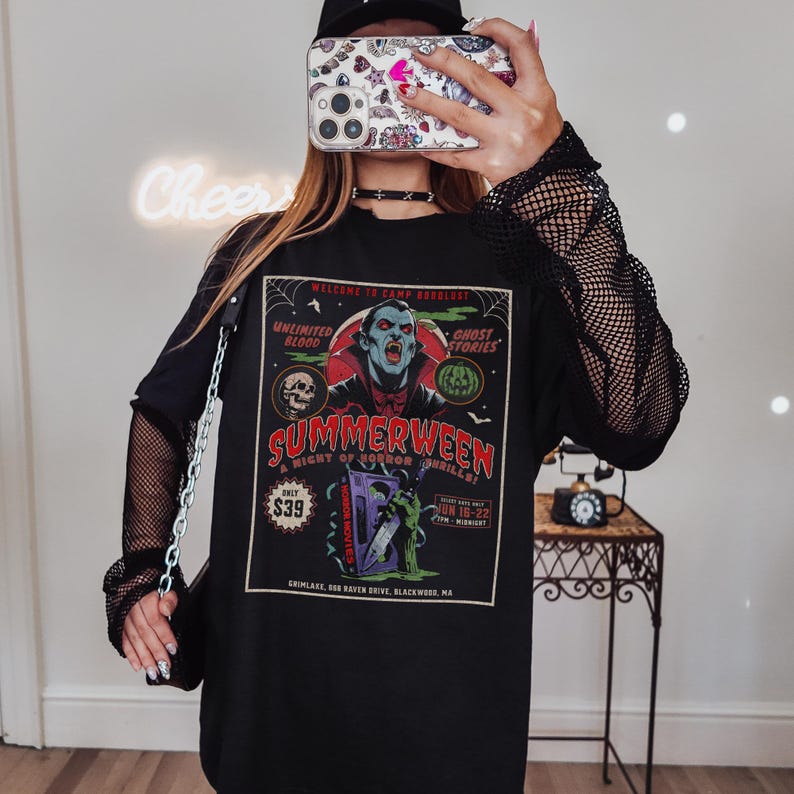 Summerween Comfort Colors shirt! 80s horror slasher vibes, vampires shirt, Dracula Vampire, Friday the 13th camp inspired, spooky summer tee, retro Halloween shirt, Slasher Summer aesthetic.