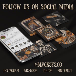 May include: A smartphone displaying an Instagram profile for blvcksys.co, surrounded by square art prints featuring Halloween themes like skeletons, pumpkins, and ghosts. The text reads FOLLOW US ON SOCIAL MEDIA and @BLVCKSYS.CO.
