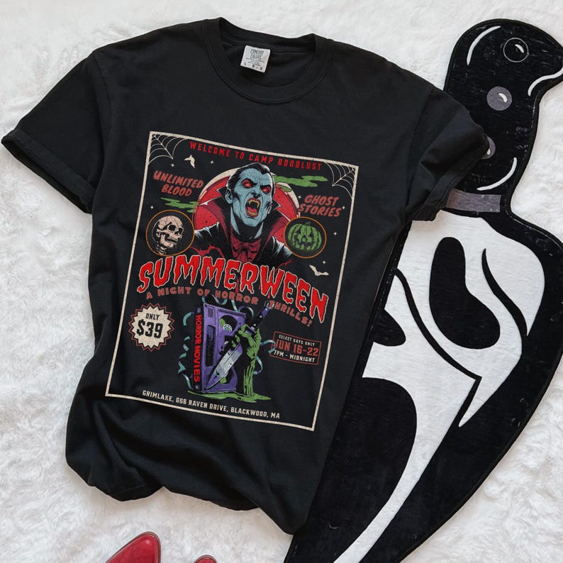 Summerween Comfort Colors shirt! 80s horror slasher vibes, vampires shirt, Dracula Vampire, Friday the 13th camp inspired, spooky summer tee, retro Halloween shirt, Slasher Summer aesthetic.