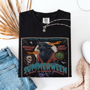 Summerween Werewolf 80s horror movie shirt! Friday the 13th summer camp vibes, werewolf, supernatural, VHS tape, spooky haunted design, zombie, Halloween slasher tee, retro horror lover apparel.