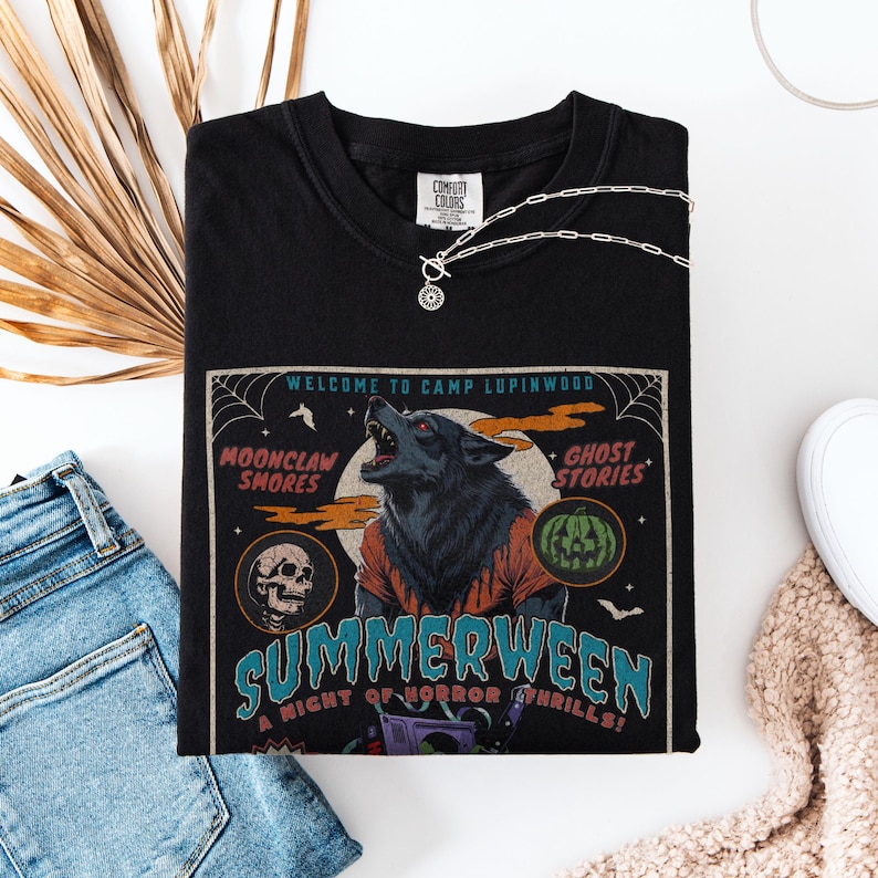 Summerween Werewolf 80s horror movie shirt! Friday the 13th summer camp vibes, werewolf, supernatural, VHS tape, spooky haunted design, zombie, Halloween slasher tee, retro horror lover apparel.