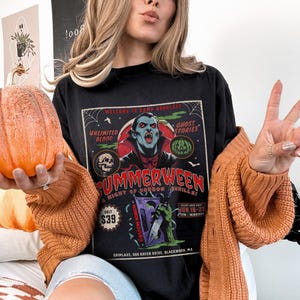 Summerween Comfort Colors shirt! 80s horror slasher vibes, vampires shirt, Dracula Vampire, Friday the 13th camp inspired, spooky summer tee, retro Halloween shirt, Slasher Summer aesthetic.