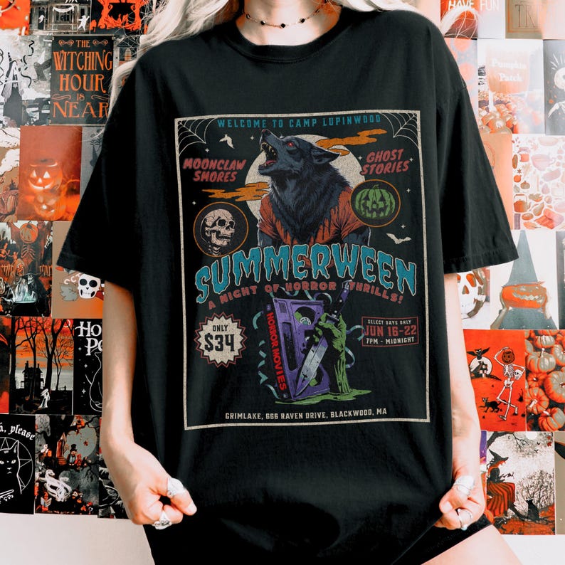 Summerween Werewolf 80s horror movie shirt! Friday the 13th summer camp vibes, werewolf, supernatural, VHS tape, spooky haunted design, zombie, Halloween slasher tee, retro horror lover apparel.