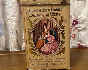 Moore Brothers Delicious Teas Tin with hinged lid, London, England, 5-3/4" tall, 4" square, shelf sitter, rustic and weathered