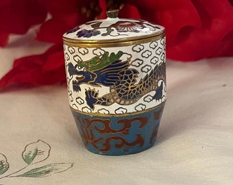 Vintage Enamel Container with Lid -- White with blue green gold dragon, lovely glass enamel detail, measures 1-1/2" diameter X 1-3/4" tall