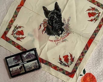 Scottish Handkerchief & Playing Cards, Sweet hanky with dog, Frae Bonnie Scotland, Souvenir of Scotland cards, castle, nature, village