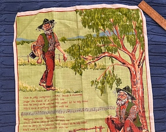 Australia Linen Kitchen Tea Towel, Waltzing Matilda song lyrics, images of man, trees, bag, Glossary: swagman, billabong, jumbuk, 18 X 30"