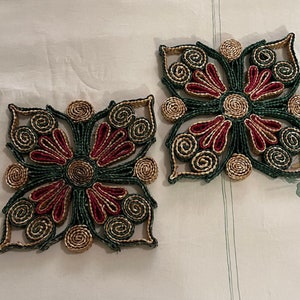 2 Vintage Raffia Straw Trivets, green, tan, red, brown square wicker hot pan holders, woven hot pads, 7 inches square