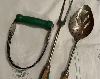 3 Vintage Utensils with Green Handles:  Slotted Spoon, Fork, Pastry Blender - Androck, A&J, kitchen utensil - Chippy wood, rust on spoon