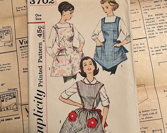 1960 Apron Pattern, Vintage Simplicity Pattern 3702, One Yard Aprons, 3 styles, 1 small pattern piece missing
