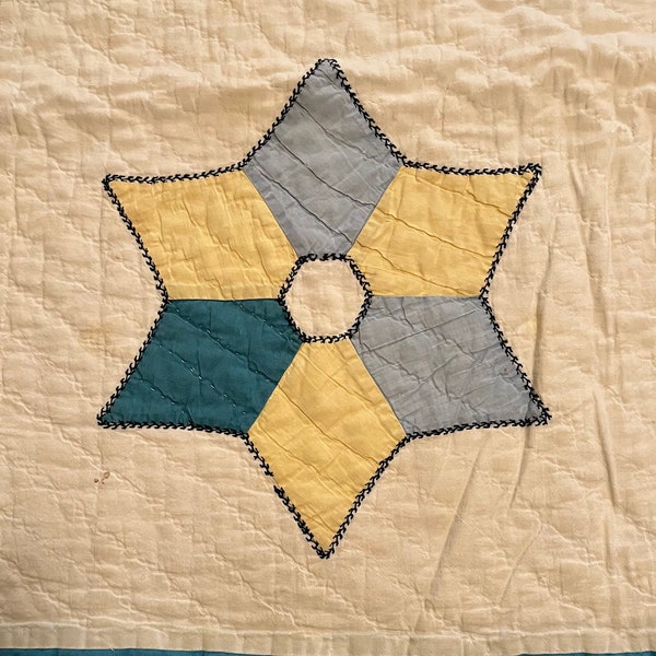 Hand Quilted Star Cutter Quilt Piece, white with yellow and blue star applique, black stitching, tattered worn, Slow Stitch, 16 X 22 inches