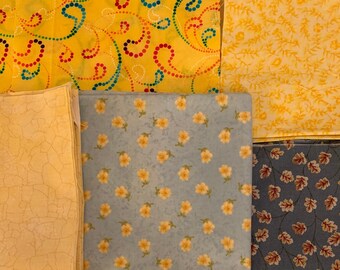 Yellow and Blue Fabric Remnants, 7 styles, various sizes, Dots, Flowers, Stripes, Paisley, Leaves, 7+ ounces